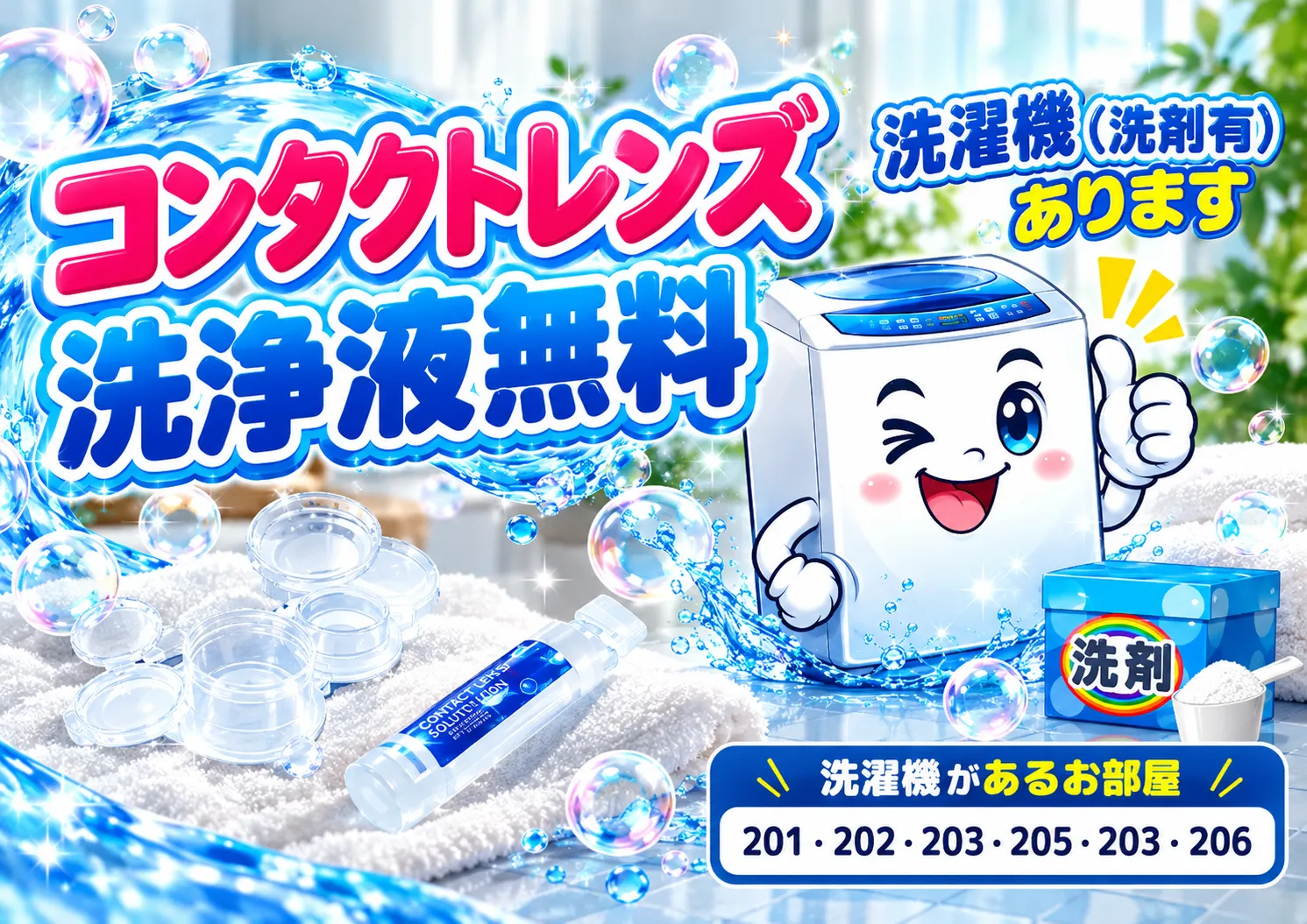 コンタクトレンズ洗浄液無料と洗濯機完備